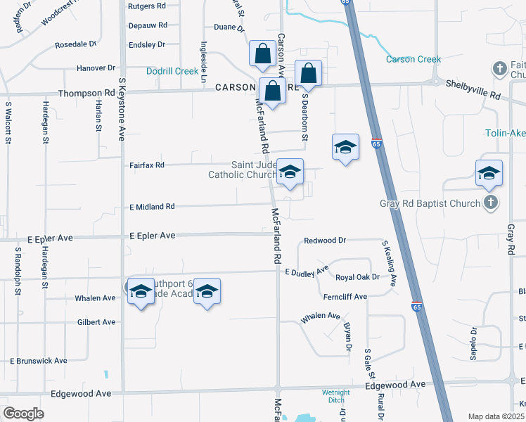 map of restaurants, bars, coffee shops, grocery stores, and more near 3111 East Midland Road in Indianapolis