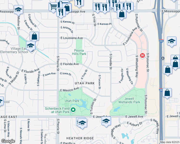 map of restaurants, bars, coffee shops, grocery stores, and more near 12835 East Florida Avenue in Aurora