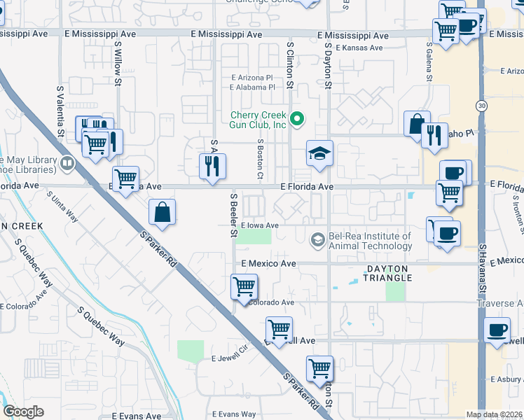 map of restaurants, bars, coffee shops, grocery stores, and more near 9 East Florida Avenue in Denver