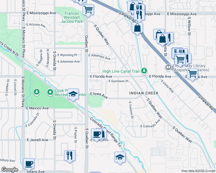 map of restaurants, bars, coffee shops, grocery stores, and more near 1561 South Roslyn Street in Denver