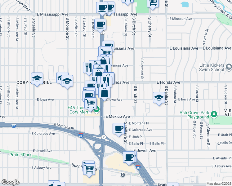 map of restaurants, bars, coffee shops, grocery stores, and more near 1533 South Ash Street in Denver