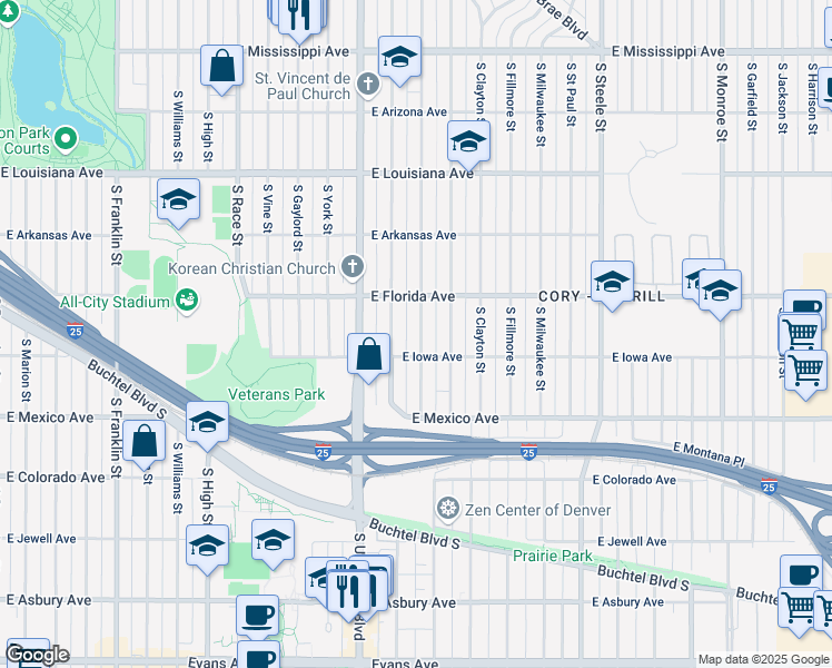 map of restaurants, bars, coffee shops, grocery stores, and more near 1540 South Columbine Street in Denver