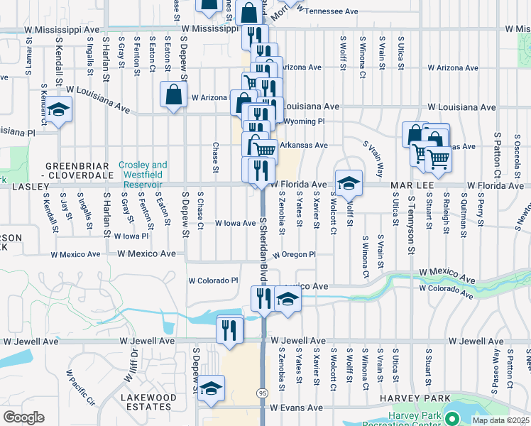 map of restaurants, bars, coffee shops, grocery stores, and more near 1555 South Zenobia Street in Denver
