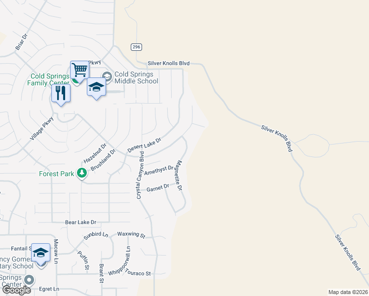 map of restaurants, bars, coffee shops, grocery stores, and more near 17320 Magnetite Drive in Reno