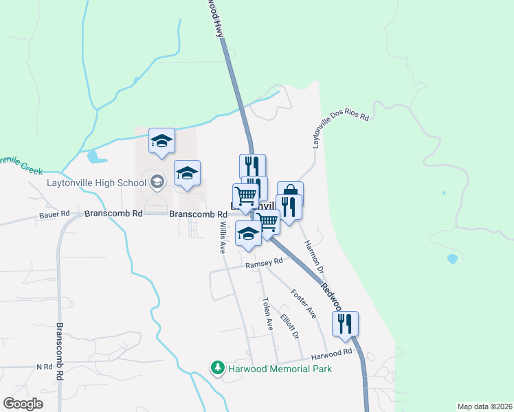 map of restaurants, bars, coffee shops, grocery stores, and more near in Laytonville