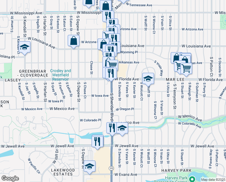 map of restaurants, bars, coffee shops, grocery stores, and more near 1555 South Zenobia Street in Denver