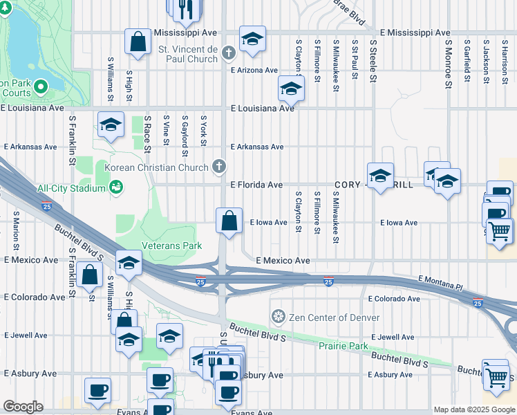 map of restaurants, bars, coffee shops, grocery stores, and more near 1540 South Columbine Street in Denver