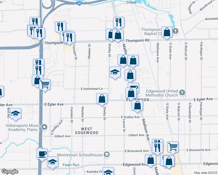 map of restaurants, bars, coffee shops, grocery stores, and more near 5391 Shelby Street in Indianapolis