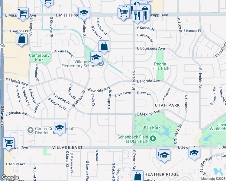 map of restaurants, bars, coffee shops, grocery stores, and more near 1533 South Oswego Court in Aurora