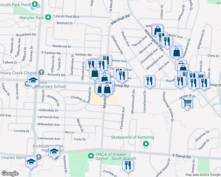 map of restaurants, bars, coffee shops, grocery stores, and more near in Kettering