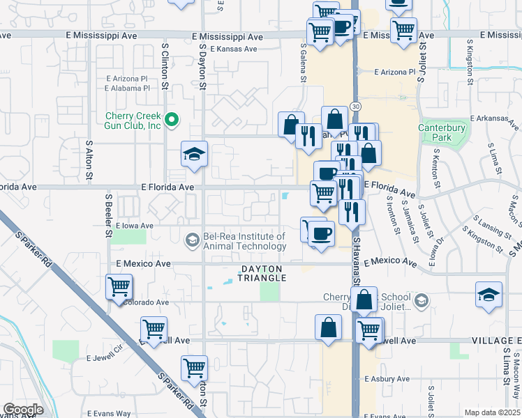 map of restaurants, bars, coffee shops, grocery stores, and more near 1535 South Florence Way in Aurora