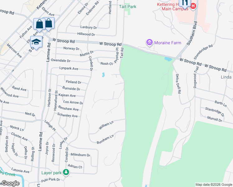 map of restaurants, bars, coffee shops, grocery stores, and more near 1901 Tait Circle Road in Kettering