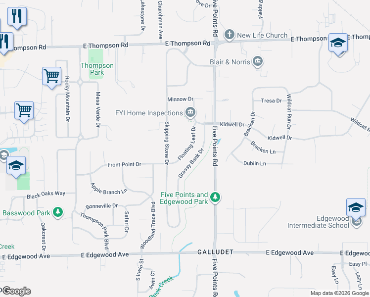 map of restaurants, bars, coffee shops, grocery stores, and more near 5502 Floating Leaf Drive in Indianapolis