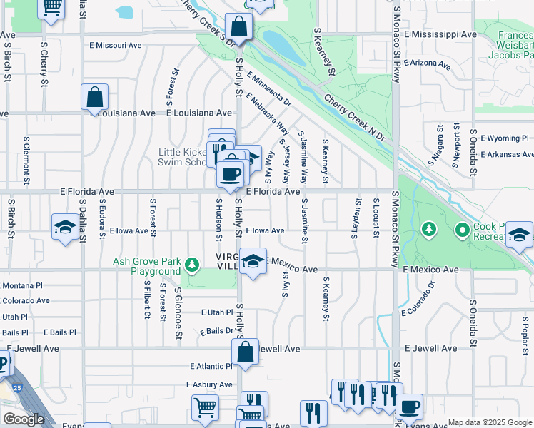 map of restaurants, bars, coffee shops, grocery stores, and more near 1563 South Ivy Street in Denver