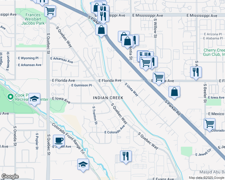 map of restaurants, bars, coffee shops, grocery stores, and more near 1600 South Quebec Way in Denver