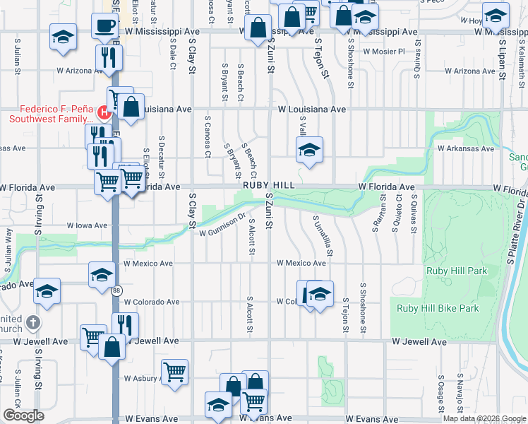 map of restaurants, bars, coffee shops, grocery stores, and more near 2450 West Gunnison Drive in Denver