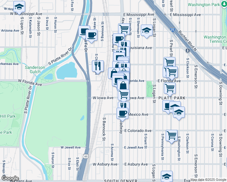 map of restaurants, bars, coffee shops, grocery stores, and more near 1545 South Broadway in Denver