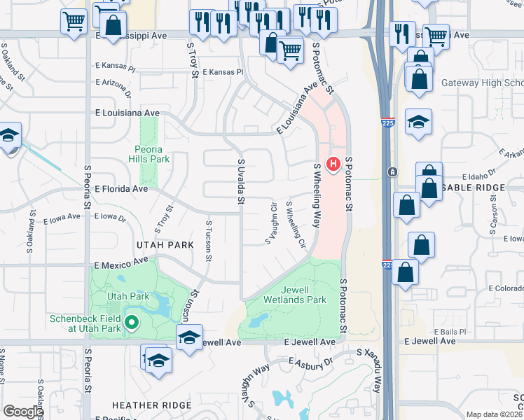 map of restaurants, bars, coffee shops, grocery stores, and more near 13171 East Florida Avenue in Aurora