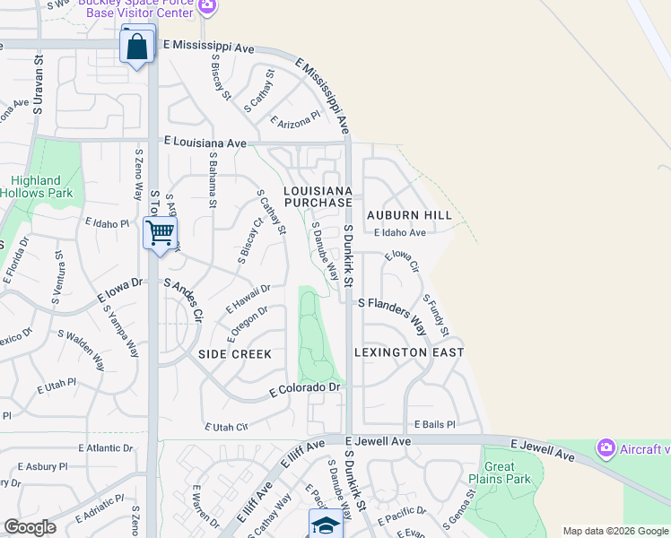 map of restaurants, bars, coffee shops, grocery stores, and more near 19278 East Gunnison Place in Aurora