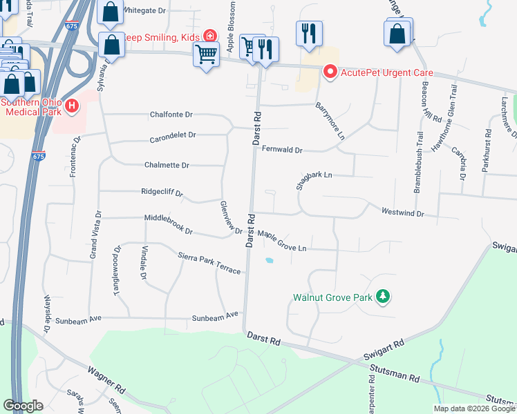 map of restaurants, bars, coffee shops, grocery stores, and more near 3986 Walnut Grove Lane in Dayton