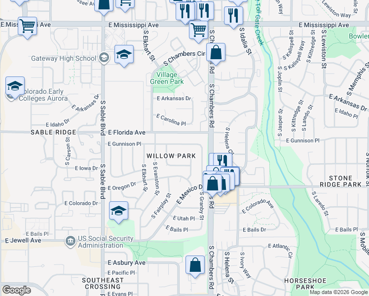 map of restaurants, bars, coffee shops, grocery stores, and more near 15092 East Gunnison Place in Aurora