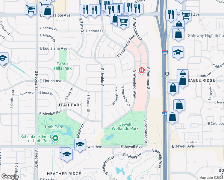 map of restaurants, bars, coffee shops, grocery stores, and more near 13171 East Florida Avenue in Aurora