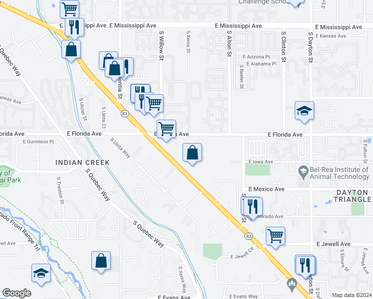 map of restaurants, bars, coffee shops, grocery stores, and more near 8822 East Florida Avenue in Aurora