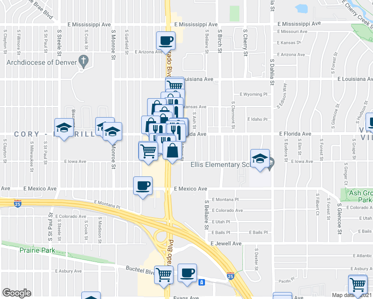 map of restaurants, bars, coffee shops, grocery stores, and more near 1533 South Ash Street in Denver
