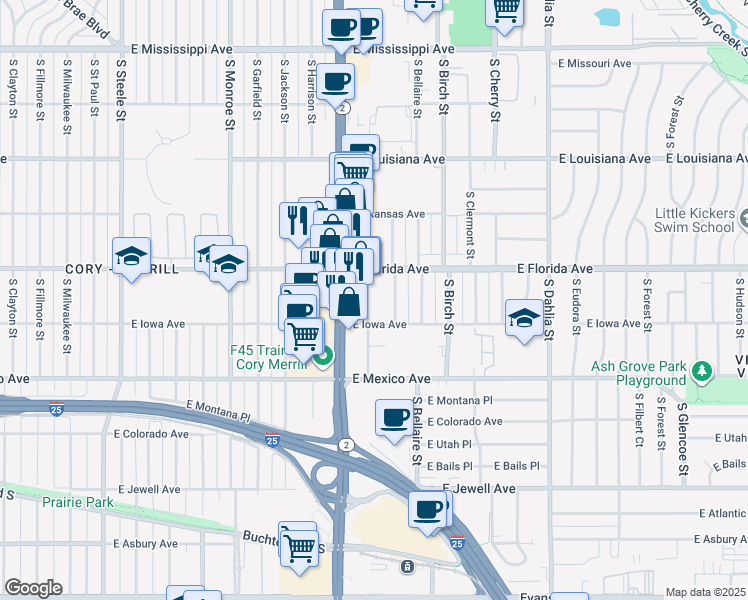 map of restaurants, bars, coffee shops, grocery stores, and more near 1533 South Ash Street in Denver