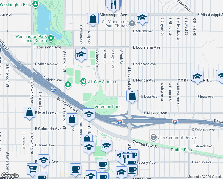 map of restaurants, bars, coffee shops, grocery stores, and more near 1544 South Vine Street in Denver