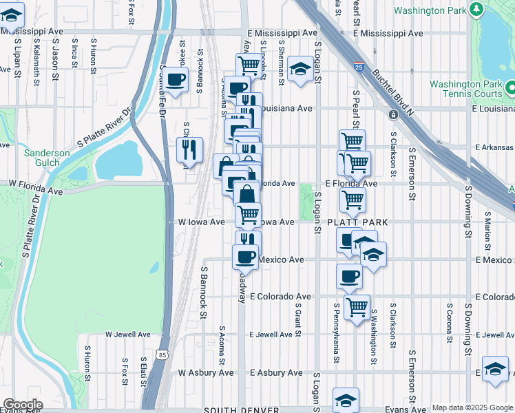 map of restaurants, bars, coffee shops, grocery stores, and more near 1545 South Lincoln Street in Denver