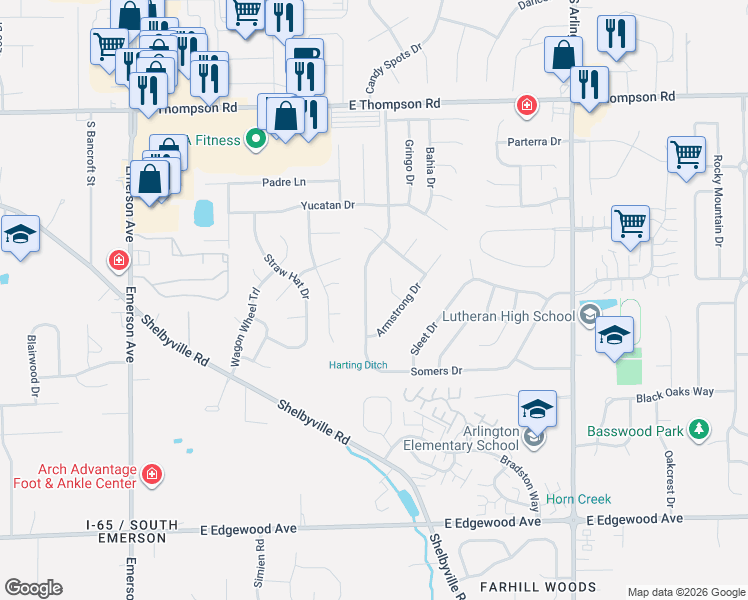 map of restaurants, bars, coffee shops, grocery stores, and more near 5426 Armstrong Court in Indianapolis
