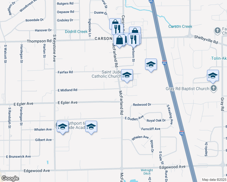 map of restaurants, bars, coffee shops, grocery stores, and more near 3111 East Midland Road in Indianapolis