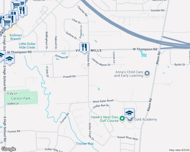 map of restaurants, bars, coffee shops, grocery stores, and more near 5209 Tincher Road in Indianapolis