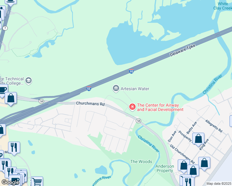 map of restaurants, bars, coffee shops, grocery stores, and more near 664 Churchmans Road in Newark