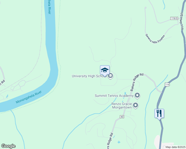 map of restaurants, bars, coffee shops, grocery stores, and more near 131 Bakers Ridge Road in Morgantown