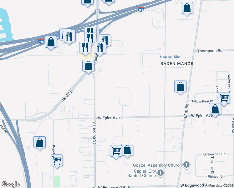 map of restaurants, bars, coffee shops, grocery stores, and more near 5250 Cliff Ridge Drive in Indianapolis