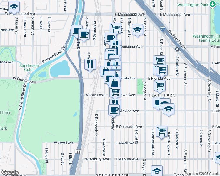 map of restaurants, bars, coffee shops, grocery stores, and more near 1545 South Broadway in Denver