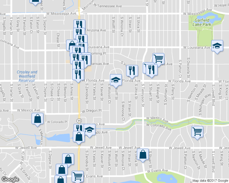 map of restaurants, bars, coffee shops, grocery stores, and more near 1595 South Wolff Street in Denver