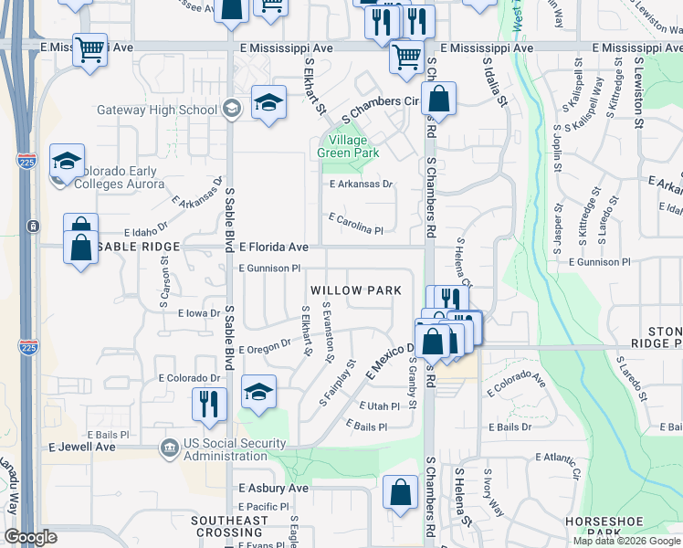 map of restaurants, bars, coffee shops, grocery stores, and more near 1501 South Fairplay Way in Aurora
