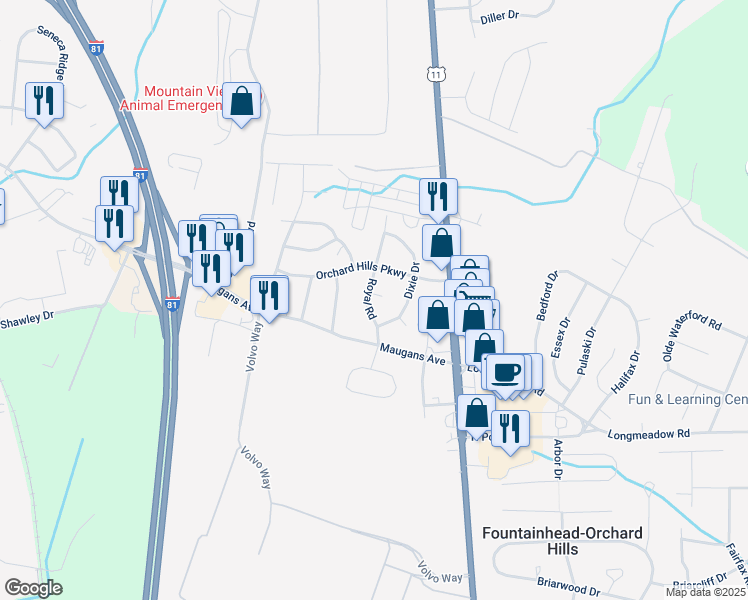 map of restaurants, bars, coffee shops, grocery stores, and more near 13621 Royal Road in Hagerstown