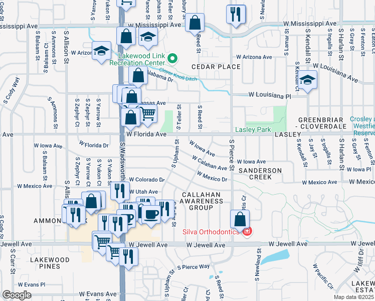 map of restaurants, bars, coffee shops, grocery stores, and more near 7165 West Calahan Avenue in Lakewood