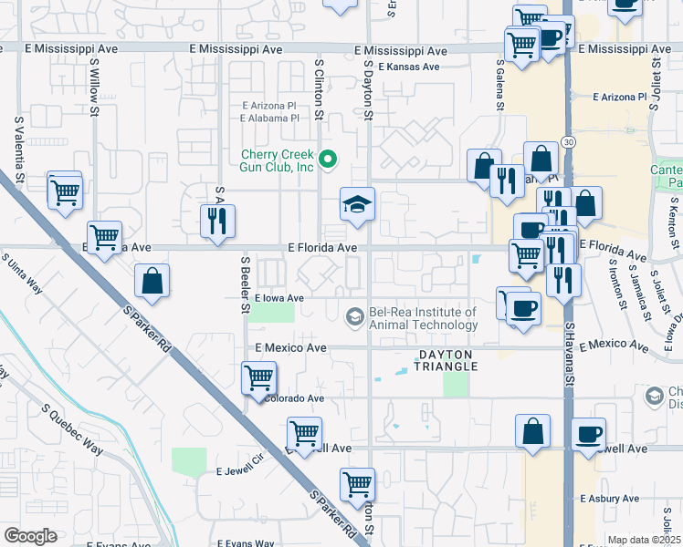 map of restaurants, bars, coffee shops, grocery stores, and more near 9550 East Florida Avenue in Denver