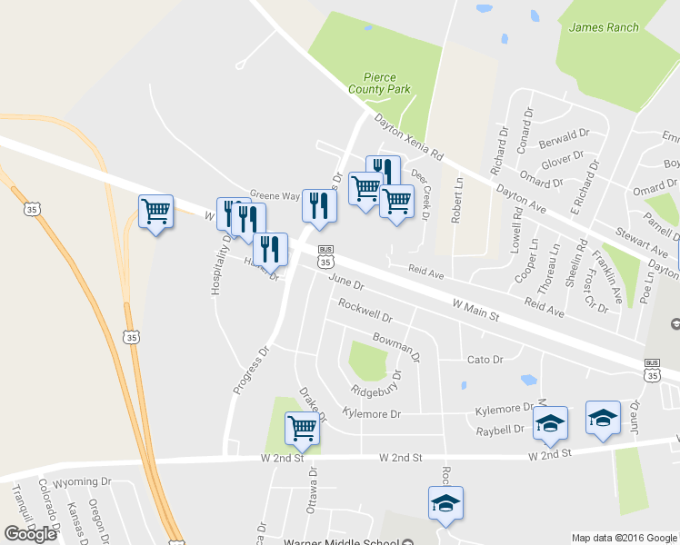 map of restaurants, bars, coffee shops, grocery stores, and more near 1827 June Drive in Xenia