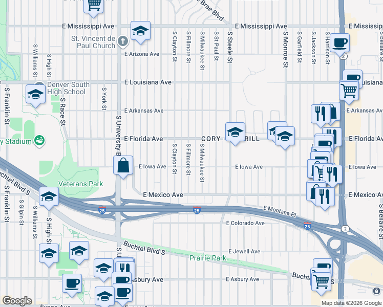 map of restaurants, bars, coffee shops, grocery stores, and more near 1544 South Fillmore Street in Denver