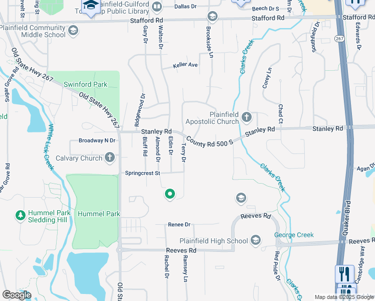 map of restaurants, bars, coffee shops, grocery stores, and more near 1425 Stanley Road in Plainfield