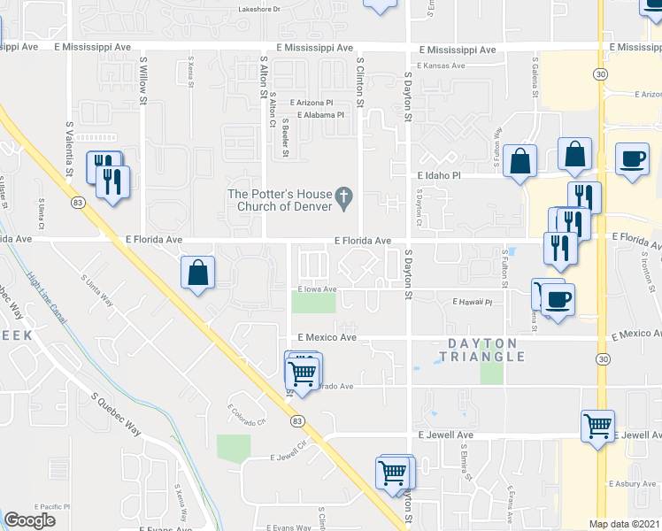 map of restaurants, bars, coffee shops, grocery stores, and more near 9448 East Florida Avenue in Denver