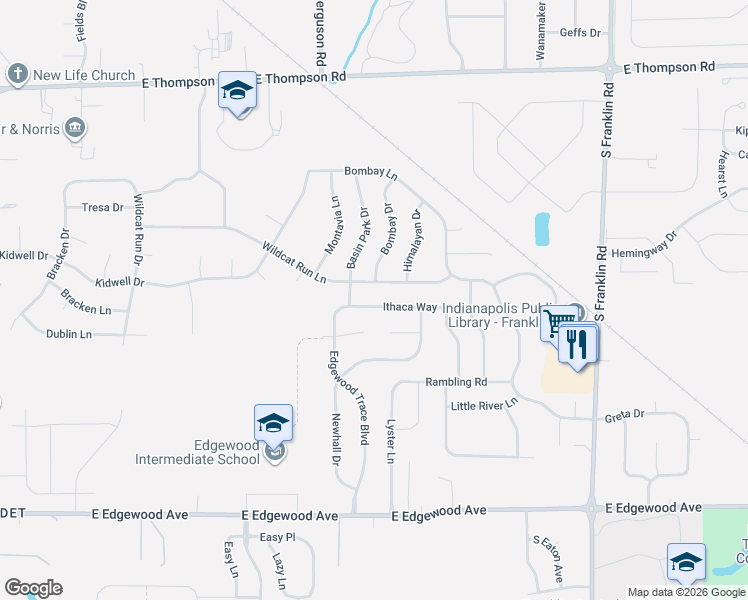 map of restaurants, bars, coffee shops, grocery stores, and more near 7836 Ithaca Way in Indianapolis