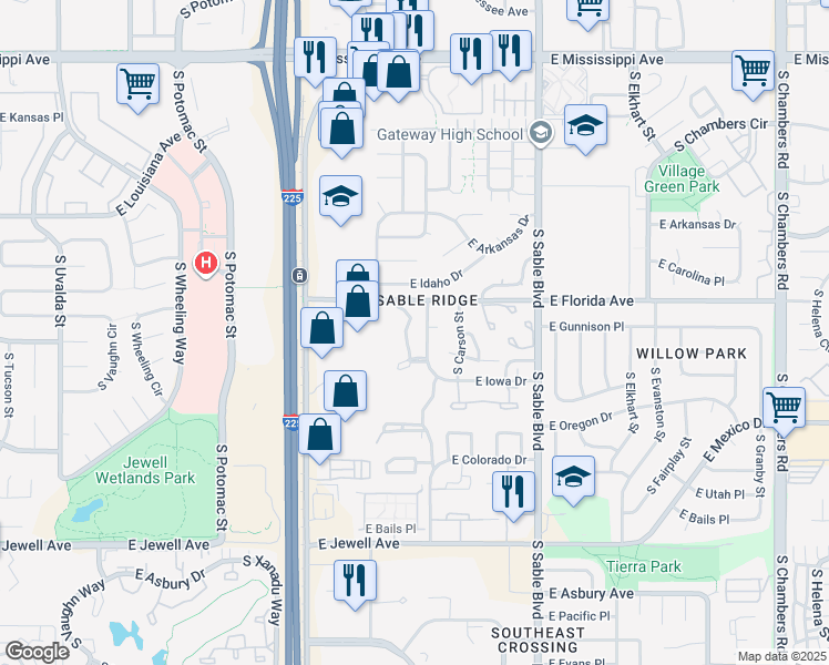 map of restaurants, bars, coffee shops, grocery stores, and more near 14012 East Iowa Drive in Aurora