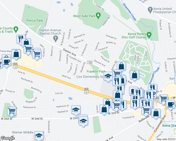 map of restaurants, bars, coffee shops, grocery stores, and more near 1244 Frost Circle Drive in Xenia